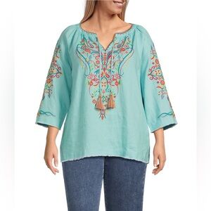 John Mark Turquoise Embroidered Peasant Top with Tassels